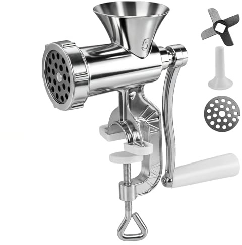 Manual Meat Grinder, Aluminum Alloy Meat Mincer, Sausage Maker with White Handle & Tabletop Clamp & Enema Tube, Mincer Machine for Meats, Vegetable, Noodles, Pepper, Nuts