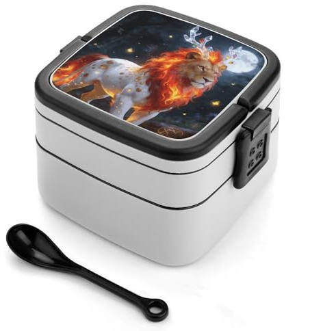 VTCTOASY Crystal Horn Flame Lion Bento Box Portable Bento Case with Spoon Large Capacity Lunch Box for Adults Leakproof 2 Layers Stackable Lunch Case for Work Dining Out Picnic