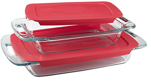 Pyrex Easy Grab - Confezione da 4 pezzi, include 1-ea 3-qt oblungo, 2-qtobong, coperture in plastica rossa