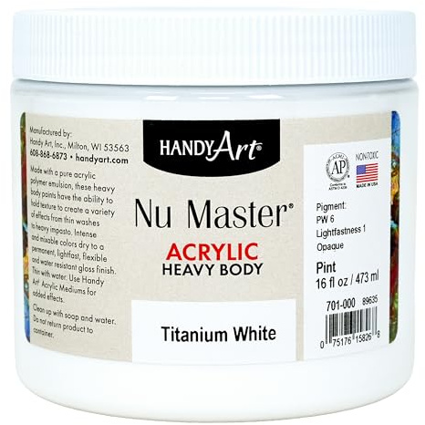 Handy Art Heavy Body Acrylic Paint, Titanium White, 16 oz Jar, High Viscosity Thick Texture, Professional Quality, Rich Brilliant Color, Highly Pigmented, Certified Safe & AP Non-Toxic, Made in USA