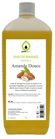 Massageöl, 100 % pflanzlich, leichter Duft der Süßmandel, 1 Liter, sinnliches und raffiniertes Öl, Promo