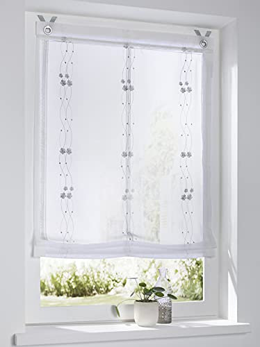 Raffrollo Ösenrollo Bailey Weiss transparent Voile - Stickerei - 100 * Höhe 120 cm
