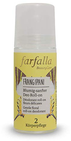 farfalla Frangipani - Desodorante roll-on de 50 ml, desodorante suave con flores sin aluminio ni alcohol, cosmética natural 100% certificada, desodorante en barra con fragancia sensual, vegano