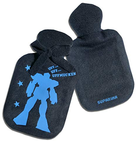 Personalisierter Wärmflaschen-Bezug für Jungen Männer Mann mit Namen und Motiv Roboter Blau von SupaRina, Farben u. Motiv nach Wahl, kalt oder warm, Fleece 28x16 cm, auch mit Flasche: 0,8 l Naturgummi