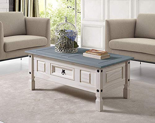 SAM Couchtisch Mexico, Pinienholz massiv, Beistelltisch mit Schubfach, weiß lasiert, graue Deckplatte