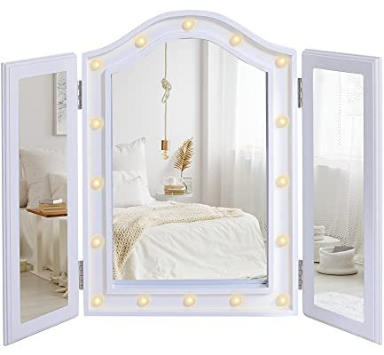 HOMCOM Trifold Tabletop Mirror, 73x53.5cm Makeup Mirror Large Cosmetic w/16 LED Lights Powered by Batteries, Foldable For Bedroom, White