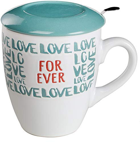 Baroni Home Tazza da tè in Ceramica con Filtro in Acciaio Inox. Tisaniera con Tappo/piattino Colorata Azzurro Forever 13x10x11 cm