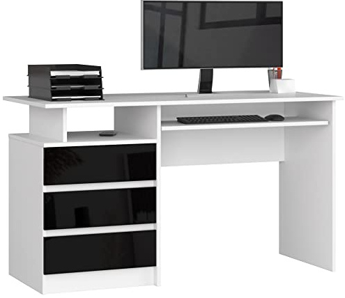 AKORD PC-Schreibtisch CLP 135 mit Tastaturablage | Office Desk | Computertisch | Bürotisch | 3 Schubladen, 1 Ablagefach, B135 x H77 x T60 cm, 45 kg | Weiß & Schwarz Glänzend Front