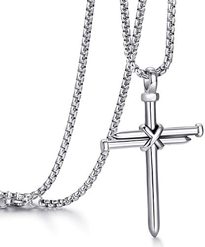 MUERDOU Men's Stainless Steel Nail Cross Pendant Necklace with 24 Inch Chain Polished Silver