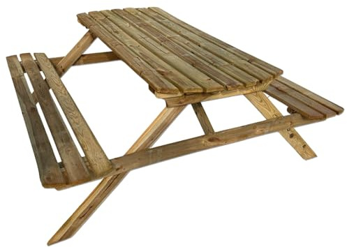 Naturawa Table de pique-nique 6 à 8 adultes, bois traité, épaisseur 25 à 27 mm, largeur 170 cm x longueur 160 cm x hauteur, avec 2 sièges pour jardin et maison