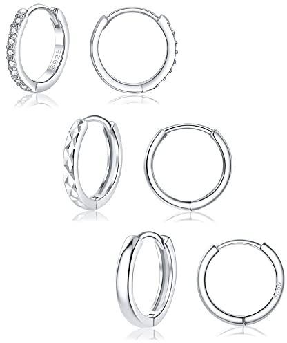 Cangall 925 Sterling Silber Creolen Set - 3 Paare Klein Ohrringe für Damen Herren, 12mm Unisex Schlafen Kreolen, Silber/Rosegold/Gold