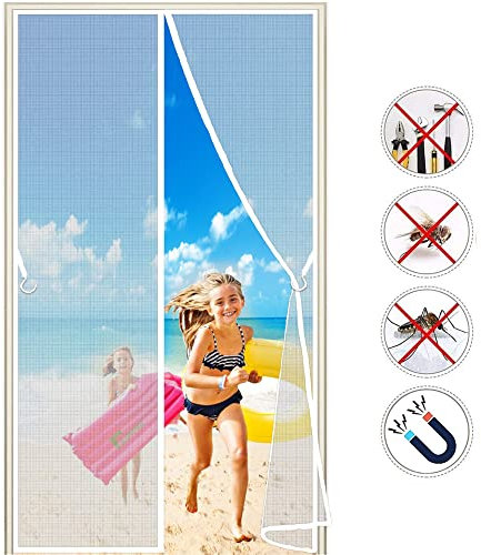 Mosquito Door Screen 120x205 cm Double Magnetic Fly Screens for Patio Doors, French Insect Door Net Fly Screen Curtain Mesh, 2023-Version White