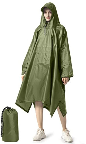 NUUR Regenponcho Herren Damen Unisex Regencape Regenmantel Regenjacke Wasserdicht Hiking Cycling Outdoor 3in1 Mehrzweck Wiederverwendbar Rain Poncho mit Kapuze Olive