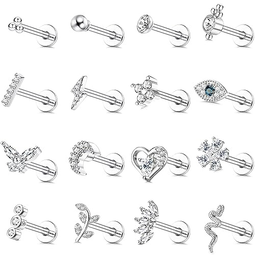 JeweBella 16Pcs 16G Cartilage Tragus Stud Earrings For Women Men Surgical Steel Internally Threaded CZ Moon Heart Evil Eye FlatBack Nose Labret Medusa Piercing Stud Tragus Helix Piercing