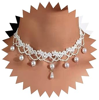 Atentuyi Boho Hochzeit Blume Weiß Spitze Choker Halskette Silber Perle Quaste Perle Anhänger Halskette Vintage Rose Floral Choker Kragen Schlüsselbein Kurze Halskette Schmuck Für Frauen Teen