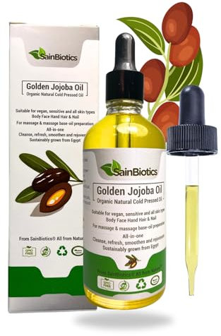 Sainbiotics™ 100ml Organic Golden Jojoba Oil| Natural Unrefined Cold Pressed Oil | Unscented| Suitable For Vegan| Suitable For All Skin Types| For Face, Body, Hand, Hair, Beard & Nail