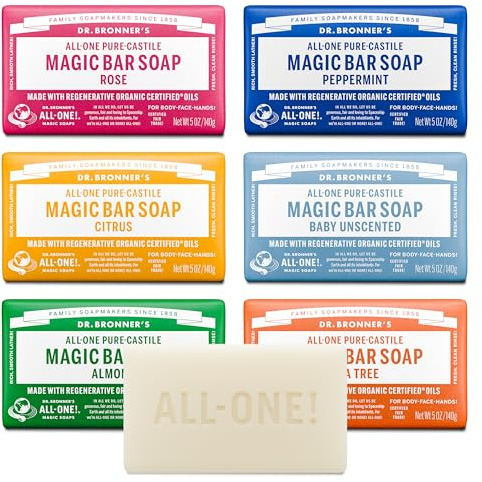Dr. Bronner's Pure-Castile Magic Bar Soaps (5 Ounce Variety Gift Pack) Almond, Unscented, Lavender, Peppermint, Citrus, Rose - Made with Regenerative Organic Certified Oils, Vegan, Non-GMO