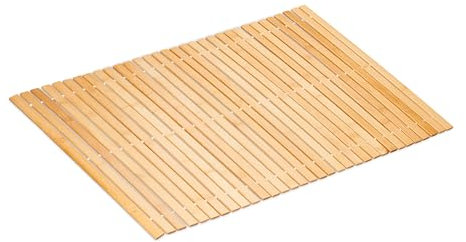 Relaxdays Badvorleger aus Bambus, 80x50 cm, Rutschfester Duschvorleger, zusammenrollbare Badezimmermatte, Natur/weiß