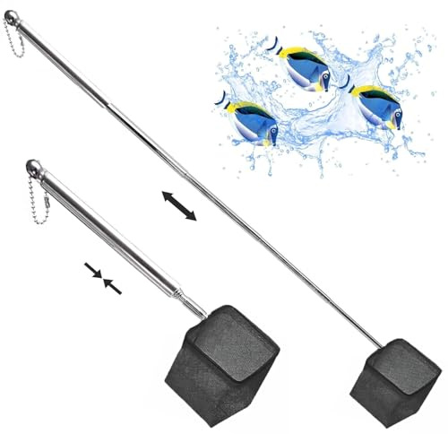 BUKYCAT Kescher Fischnetz, Aquarienkescher mit Teleskopstiel, aus Rostfreiem Stahl, zum Fangen von Kleinen Fischen und Garnelen und zur Reinigung des (Quadratisch, Schwarz)