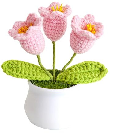 Sempoda Gestrickte Maiglöckchen Im Topf, Handgefertigt, Gehäkelt, Mini-Blumen Im Topf, Künstliche Glockenorchidee für Tisch, Auto, Ornament, Heimbüro, Tischdekoration (5 Farben) (3 Heads)