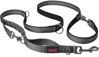 HALTI Anatomy Multifunktionsleine – Doppelführleine mit Zwei Karabinern und Ruckdämpfer, ideal zum Gassigehen & Hundetraining. Reflektierend & leicht. Geeignet für Welpen (Größe L, Grau)