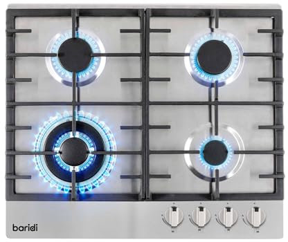 Baridi 60cm Gas Hob with 4 Burners, Cast Iron Pan Supports and Auto Ignition, 8kW, Stainless Steel - DH225