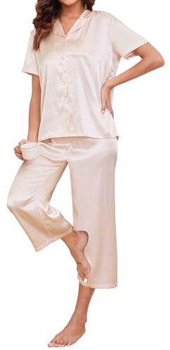 Reliwel Schlafanzug Damen Seide Pyjama Set mit Knopf Zweiteiler Satin Hausanzug Top Kurzarm und 3/4 Lang Pyjamahose Loungewear Freizeitanzug für Sommer