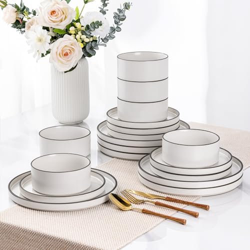 LeRatio Dinner Set for 6, 18 Piece Stoneware Plates and Bowls Set, Chip and Scratch Resistant Dinnerware Set, Oven & Dishwasher & Microwave Safe Crockery Set (White-Black Rim, Service for 6)