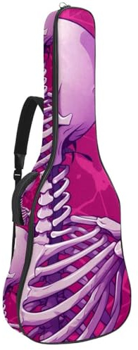 Gitarrentasche, 104 cm, doppelter verstellbarer Schultergurt, Akustikgitarre, Gigbag, rosa Kunst-Schädel-Gitarrenkoffer, wasserdicht, Oxford-Stoff, dicker Schwamm, Pink Art Skull, 42.9x16.9x4.7 in,