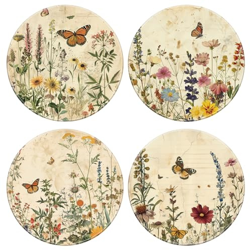 FYSUIMU Vintage Floral Coasters Retro Wildflower Butterfly Drink Coasters Flower Decorative Ceramic Cup Mats for Spring Holiday Party Home Office Table, Set of 4