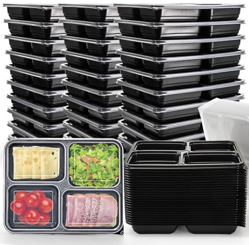 Noamus 50 Pack Meal Prep Containers, 34oz Leak-Proof Food Storage Box with Lid, Microwavable BPA Free Bento Lunch Plate, Stackable&Disposable Plastic To Go Takeout Pan for Freezer Safe, 4 Compartment