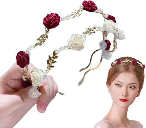 2 PCS Serre-tête en perles rose rouge et rose blanche, Bandeau Grecque Romain Coiffe Cheveux Couronne Femme Accessoires, Bridal Coiffe de Mariage Feuille Serre-tête Couronne