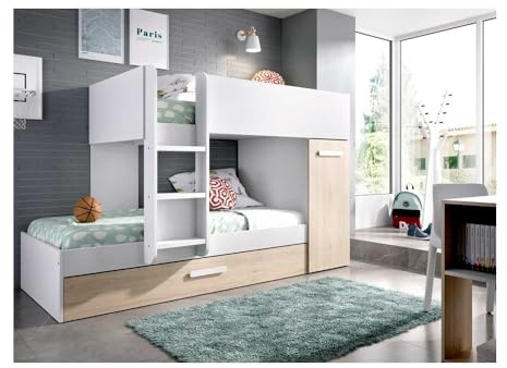 Befara Litera Tren Juvenil Lucas con Cama supletoria y Armario – 3 Camas compactas, diseño Moderno, Madera melaminizada, 243x111x150 cm - Blanco/Natural