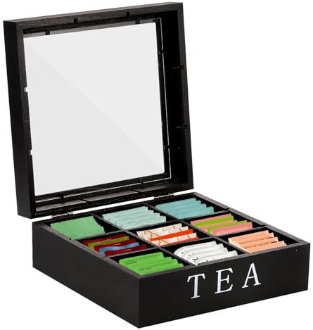 Tea Storage Box, 23x23x9CM Wooden Tea Bag Organizer with Clear Lid and 9 Compartments, Large Capacity Kitchen Container Storage Box for Tea Bags,Sugar, Coffee Pods, Spice (Black)