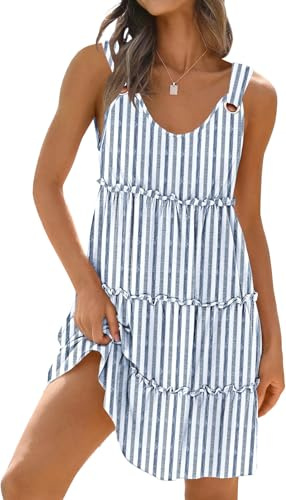 ETCYY Sundresses for Women 2026 Vacation Swimsuit Cover Ups Boho Floral Beach Dress T-Shirts Tank Dresses,Striped Navy,X-Large