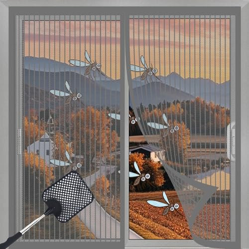 Fliegengitter Balkontür 88 x 60 cm, Breites Klettband, Nicht Kürzbar, Ohne Bohren, Door Easy Fliegengitter Tür, Magnetischer Türvorhang, für Alle Türen Und Fenster, Grau