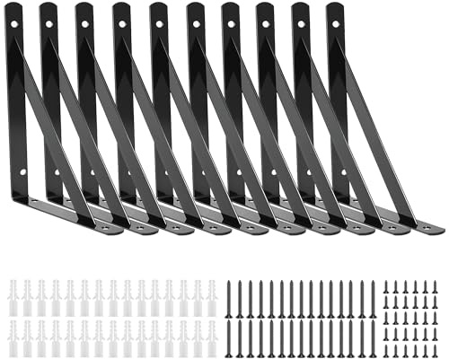 10 Pack L10 x H 6 Heavy Duty Shelf Brackets with Screws Open Floating Shelving Bracket L Brackets Black Metal Shelf Brackets for Shelves, Room, Pantry,Garage