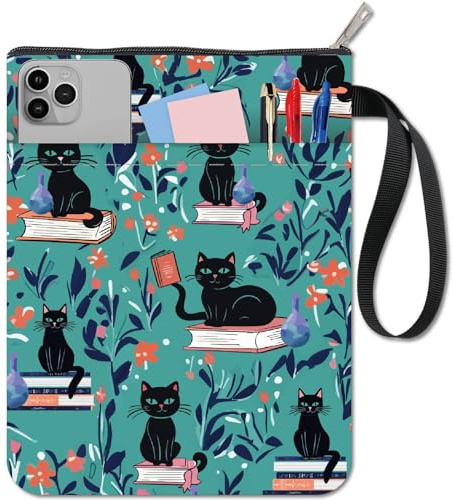 craspire Housse de Protection pour Carnet de Notes Motif Chat Noir Motif Floral avec Fermeture Éclair et Pochette Supplémentaire Lavable en Tissu pour Livre de Poche à Couverture Rigide Protection