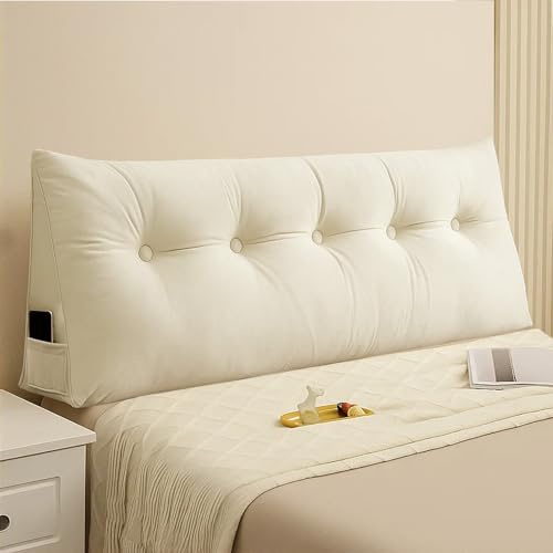Wedge Lumbar Pillow Large Headboard Triangular Reading Pillow for Bed Sofa Ergonomic Backrest Support Cushion with Removable Cover Side Pocket Headboard for Relaxing Reading Gaming (Beige, 1.5M)