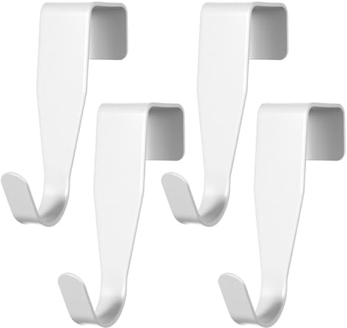 Xinjoduz 4 PCS Over Door Hook Carbon Steel Hanger Hook Over The Door Drawer Hooks J-Shape No Drill Metal Heavy Duty Easy to Install Hooks for Hanging Stocking Clothes Kitchen Bathroom (White)