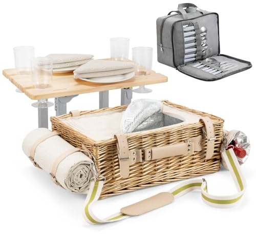 GOOZY Panier de pique-nique en osier pour 4 personnes avec table amovible, sac à vaisselle, refroidisseur isolé et couverture imperméable - Ensemble de panier de pique-nique Willow pour camping
