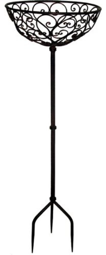 ecosoul Pflanzschale LINA Pflanzkorb Blumenschale auf Stab Blumentopfständer Pflanzgefäß halbrund Metall Dunkelbraun lackiert mit Ständer und 3 Spießen H/Dia 120/40 cm