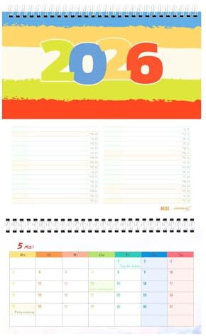 Praktischer Tischkalender 2026 im Querformat (26x17,5 cm) mit stabiler Aufsteller-Rückseite für jeden Monat. Übersichtliche Tagesplanung ohne Ablenkung, ideal für Büro und Zuhause.