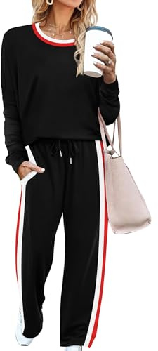 WIHOLL2 Piece Lounge Sets for Women Workout Matching Fall Outfits 2025 Fashion Winter Clothing Long Sleeve Pajama Teacher Tops Shirts Wide Leg Pants Black XL