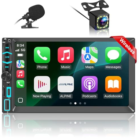 Autoradio 2 DIN Bluetooth Autoradio Car Play Voiture avec sans Fil carplay & Android Auto, 7 Pouces HD Écran Tactile, AM FM RDS Radio/Charge/Microphone/USB/Type C/Commande Vocale/Caméra de recul