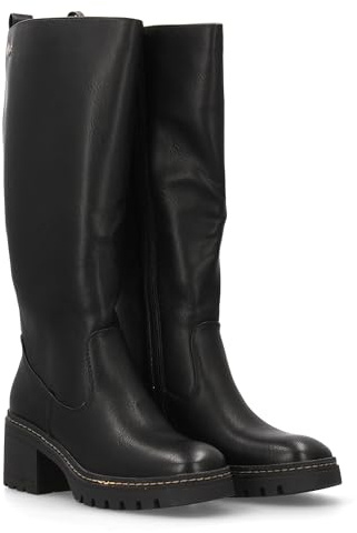 shoes&blues.es 96962 Bota de Cana Alta para Mujer Diseno Elegante. Tacon Ancho Suela Dentada. Cierre de Cremallera Ideal para Otono Invierno. Negro Talla 39