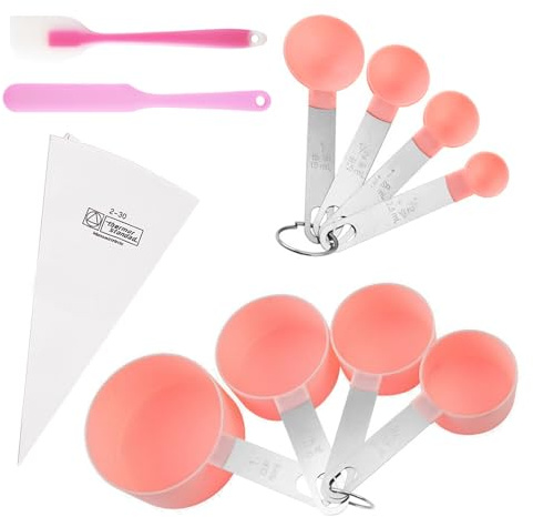 8PCS Measuring Cups and Spoons Set, Stainless Steel Nesting Measuring Cups Mini Measuring Spoons with Silicone Scraper Spatula and Piping Bag, Stackable Handle Accurate Tablespoon