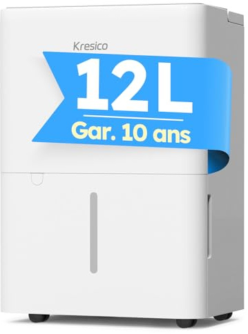 Kresico Déshumidificateur d'air 12L/J, Deshumidificateur d air anti moisissure, Deshumidificateur d air electrique 122m³/25m², Pour salle de bain et cave, Silencieux, Minuterie 24h, Gar. 10 ans