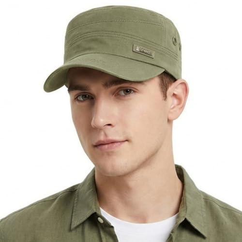HIQIU Military Cap Herren Sommer Army Cap Cadet Hut - Unisex Vintage Gewaschene Baumwolle Militär Flat Top Baseballkappe Verstellbar Mütze