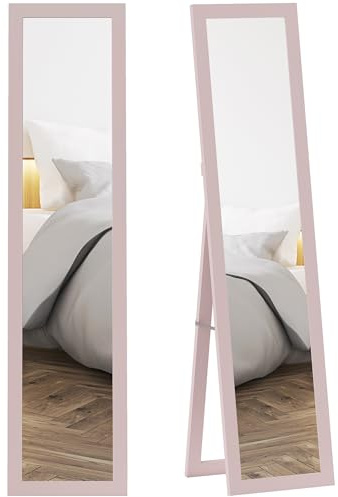 HOMCOM Espejo de Pie Cuerpo Entero 157x37 cm, Espejo de Cuerpo Entero con Soporte, 3 Formas de Uso, Independiente, Montaje Pared y Apoyado, para Salón, Entrada, Dormitorio, Rosa Perla Claro